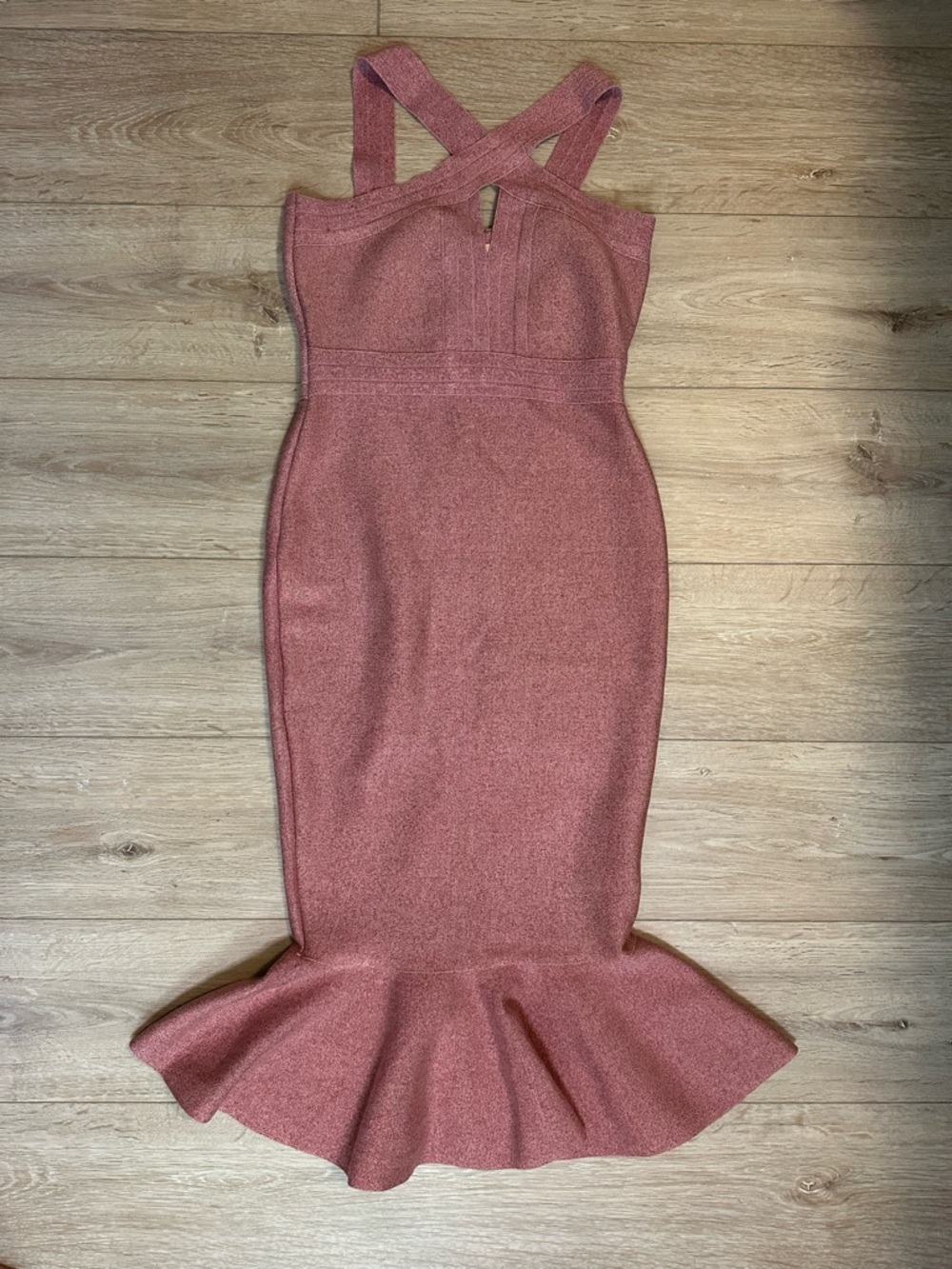 HUSH- Pink Rose Bandage Bodycon Midi Dress Mermaid Trumpet Hem - Picture 2 of 7